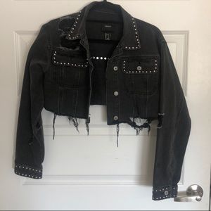 Distressed cropped & studded jean jacket